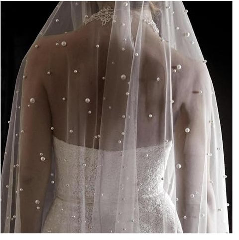 HIFRQVVC Hochzeit Braut Schleier, Perlen Weiß Elfenbein Lang Mit Kamm Einlagig Kathedrale mit Perlen Kristallperlen 75-300cm(Ivory,120 cm)