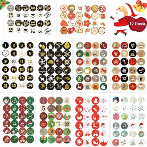 Adventskalender Aufkleber Set,10 x 24 Adventskalender Zahlen Aufkleber,Adventskalender Sticker,Adventskalenderzahlen Etiketten,Aufkleber Adventskalender Für Adventskalender Basteln und Befüllen.