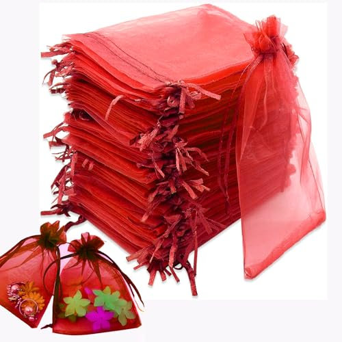 MUFEKUM 110 Stück Bunt Organzasäckchen, 10x15cm Geschenksäckchen Organzabeutel mit Kordelzug, Organza Beutel Geschenkbeutel Organza für Hochzeit, Bonbonsbeutel, Schmuckbeutel, Weihnachten (Rot)