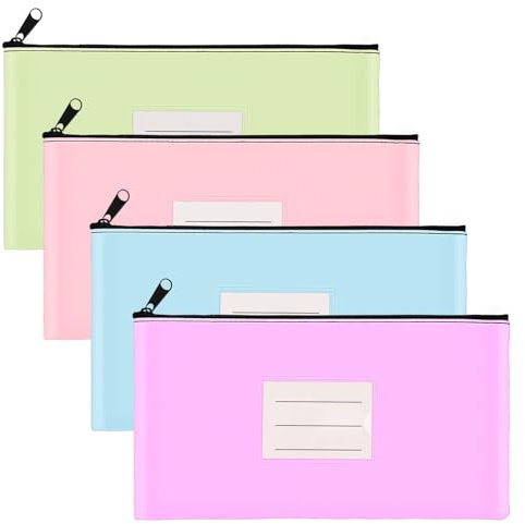 4 Stück Geldbeutel mit Reißverschluss, PU Leder Cash Pouches mit Etikett, 11,2 x 6,1 Zoll, für Münzen, Kosmetik, Rechnungen, Werkzeuge, Pink & Lila & Blau & Grün