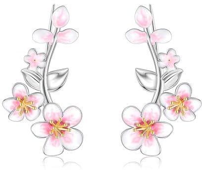CUPENDA Kirschblüten Ear Climbers Ohrkletterer Sterling Silber Kirschblüten Baumelnd Ohrklemme Ohrringe Schmuck Valentinstag Geschenke für Frauen
