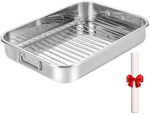 Stainless Steel Roasting Oven Pan: Roaster Pans With Rack & Handles 16.5 * 12.4 * 3 inches - Kitchen Baking Appliances for Turkey Chicken Beef - Kitchen Cookware Gifts for Women Homeowner