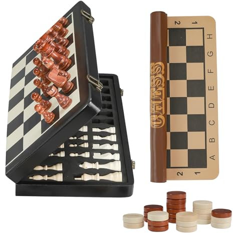 Joneytech 2 In 1 Magnetisches Schachspiel,39cmX39cm Schachbrett Holz Faltbares Schach Dame Set Reise-Schachbrettmatte 2 extra Königinnen Schach für Erwachsene Für Anfänger und Profis Chess Board
