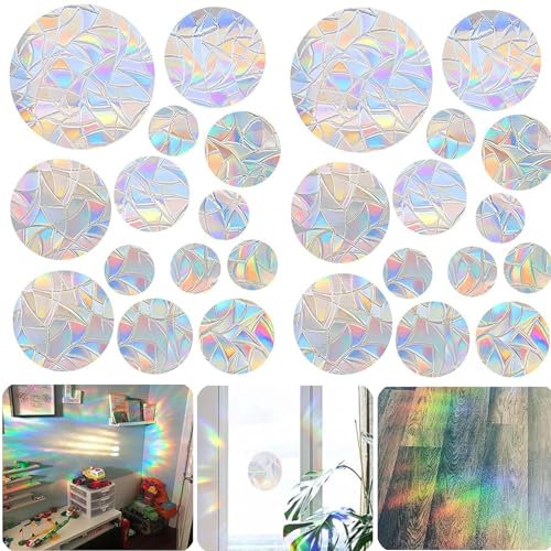 Jushion Prisma - Adesivo per finestra, 26 adesivi rotondi Suncatcher, acchiappasole con uccelli, anti-collisioni, per vetri in vetro contro la collisione, per finestre con uccelli, anti-collisione