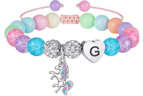 TINGN Einhorn Geschenke für Mädchen Armband - Regenbogen Perlen und Strass Kugeln Einhorn Armband mit Buchstaben G Anhänger Armbänder für Teenager Mädchen Schmuck Geschenk für Tochter Kinder