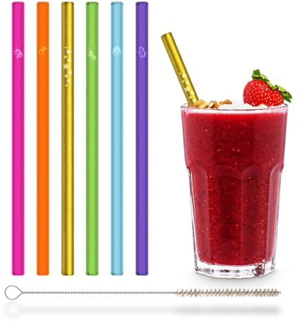 HALM Bunte Glasstrohhalme 6 Stück 20 cm NEON Farben für Kinder oder Party + plastikfreie Reinigungsbürste - Spülmaschinenfest & Nachhaltig - Glastrinkhalme (11 Einhorn)