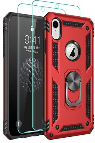Pilaru for iPhone XR Phone Case with HD Screen Protector, [Military Grade 16ft. Drop Tested],Magnetic Ring Kickstand Car Mount Protective Cover for iPhone XR,Red