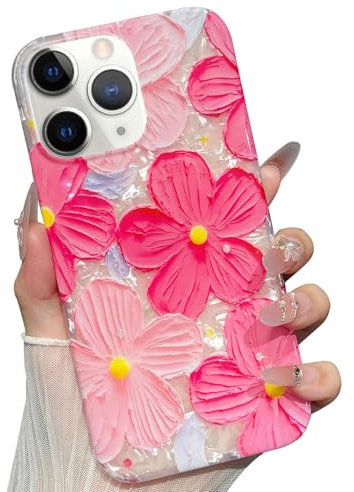 for iPhone 11 Pro Max Case Flowers Girly Women Trendy Aesthetic Cute Floral Silicone with Beaded Charms Strap Lanyard Oil Painting Shockproof Protective Phone Cases for iPhone 11 Pro Max Hot Pink