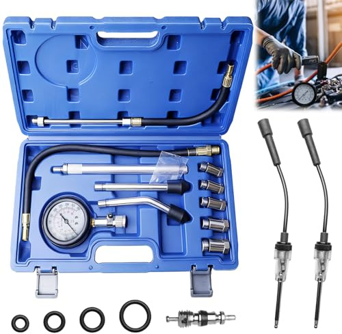 13 Stück kompressionsprüfer Set, Auto Kompressionstester-Satz für Benzinmotor 0-300 PSI / 0-20 Bar, Benzin Kompressionsmessgerät, Zylinderdruck Kompressionsmesser mit Zündkerzentester