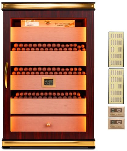 Marvero Desktop Cigar Humidor Cabinet,500 Cigars Capacity,Present for Men | 5 Movable Cedar Wood Drawers,Triple-Sided Light with Digital Hygrometer, Humidifier and Humidity Packs.USB-A and USB-C ports
