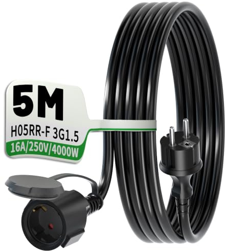 POWGRN Cavo di prolunga per esterni, 5 m, nero, pesante cavo in gomma H05RR-F 3G1,5, 16 A/250 V, cavo di alimentazione flessibile con nastro di stoccaggio, adatto per esterni