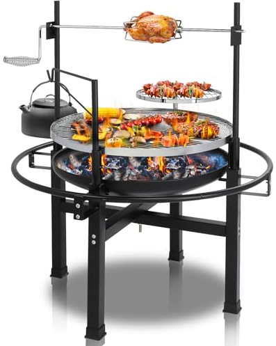 Campfire Grill Grate – Swivel Stake & Grill for Outdoor Cooking, Fire Pit Accessories with Kettle Handle and Grilling Fork, Portable Cooking Equipment for RV Barbecue Use