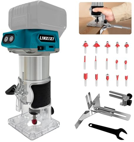 Fresadora con batería compatible con baterías Makita de 18 V, 800 W, fresadora sin escobillas con 5 velocidades, 10.000 – 30.000 rpm, fresadora de 18 V, fresa de borde con batería con 15 fresas de 1/4