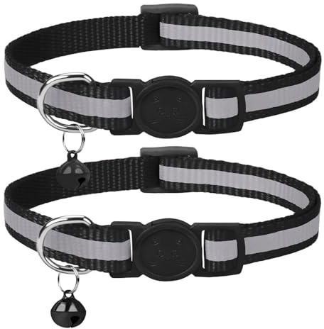KNUIUYY 2-pack reflekterande katthalsband med klocka, snabbt säkerhetsfrigörande brytspänne, svarta kragar justerbar 19–32 cm för flicka pojke husdjur kattunge