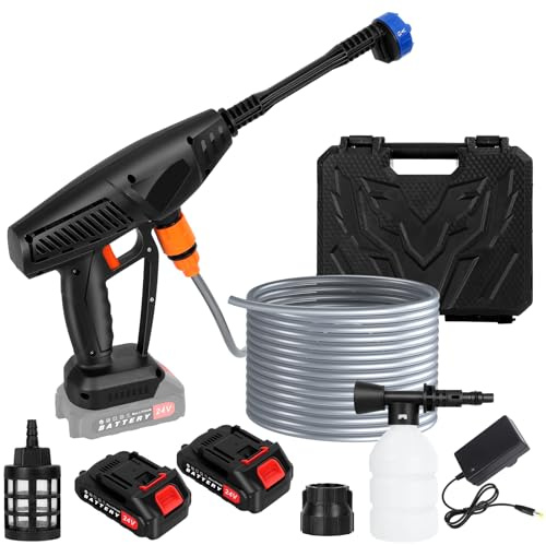 Akku-Hochdruckreiniger, 24 V, tragbare Akku-Jet-Waschpistole für Terrasse, Auto, Garten, 6-in-1 verstellbare Düse, Dual 1,5 Ah Batterien, 5 m Schlauch, kompakter Hochdruckreiniger (schwarz)