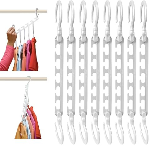 Space Saving Multi Hanger Organizer Pack of 8 White Closet Cascade Hangers | Vertical Clothes Hanger Connector, Plastic Wardrobe Organizer for Shirts Pants Dresses Closet Storage