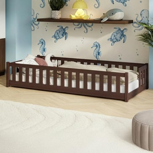 Kids Collective Kinderbett Bodenbett mit Rausfallschutz & Lattenrost Montessori Bett Bed Gitterbett Kinder Jugendbett Einzelbett | 80x160 cm | Zartbitterschokolade