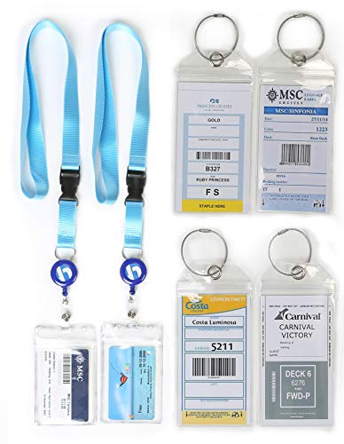 HOPEVILLE Gepäckanhänger und ausziehbare Schlüsselband Lenyards für Kreuzfahrten, 4 Stück robuste wasserfeste PVC Kofferanhänger mit Metallring und 2 Stück hochwertige Lenyards für die Kabinenkarte