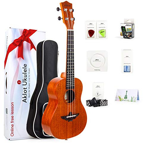 AKLOT Konzert-Ukulele für Linkshänder massives Mahagoni 23 Zoll Uke mit Anleitung (Gigbag, Picks, Tuner, Gurt, Schnur, Reinigungstuch)