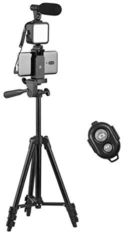 Vlog Video Kit, Height Adjustable Phone Tripod Phone Holder with Cold Shoe Microphone LED Video Light Remote Shutter for Phone Camera Video Making