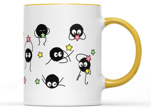 SmartyPants Soot Sprites Wrap Coffee Cup Mug Anime Manga Film Studio Susuwatari Neighbor Spirits Present Gift Heavy Duty Ceramic Handle Coated Dishwasher Microwave Safe (Yellow Handle Prime)