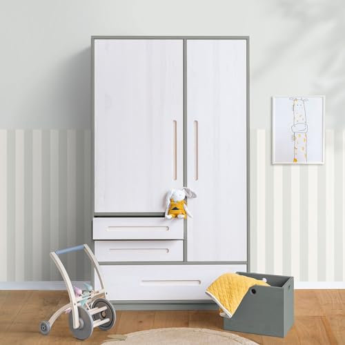 BioKinder Kleiderschrank Kinderkleiderschrank 2-türig Lina aus zertifizierten Bio-Massivholz Kiefer Elefantengrau und Bio-Massivholz Kiefer Naturweiß lasiert H 190 x B 110 x T 55 cm