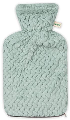 Premium Wärmflasche 2 Liter Naturgummi mit softem Kunstfell Bezug mit Reißverschluss, Bettflasche, Wärmeflasche - - neues Modell (Mint)