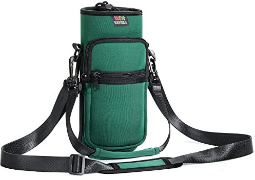 Nuovoware Sac à Bouteille en Néoprène, 750ml Porte-Bouteille avec Bandoulière Dragonne Ajustable, Sac Fourre-Tout avec Poche, Accessoire Parfait pour Voyage Randonnée Camping - Vert Armé