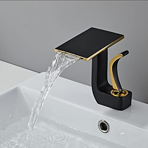 SJQKA Wasserfall Wasserhahn Bad,Wasserfall Waschtischarmatur Wasserhahn Bad Aus Erstklassigem Messing,wasserfall Einhandmischer Für Bad Badezimmer Waschbecken (Schwarz+Gold)