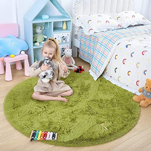 lightlux Shaggy Hochflor Teppich Rund für Kinderzimmer Wohnzimmer Schlafzimmer Langflor Teppich Hochwertig Hohe Pflegeleicht Fadendichte Flauschiger kinderteppich für Kinder Mädchen((Grün, 122cm)