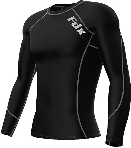 FDX Men's Compression Base Layer Top, Lightweight, Breathable, Long Sleeve Body Fit Quick Dry Cool Shirt All Season for Running Gym Workout Training Fitness Exercise (Black/Grey, L)