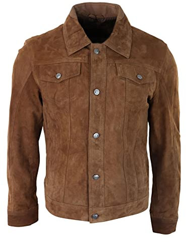 Blouson en Daim véritable pour Homme Style Veste en Jean Courte Biker Classique Vintage - Marron Clair 3XL