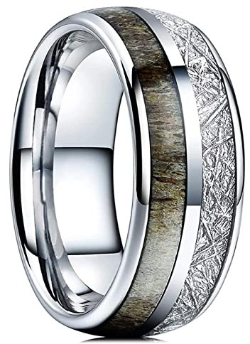MAYIYAHO Mode 8mm Männer Edelstahl Ring Inlay Hirsch Geweih und Meteorit Ring Silber Farbe gebürstet Männer ' s Ehering Schmuck Geschenk