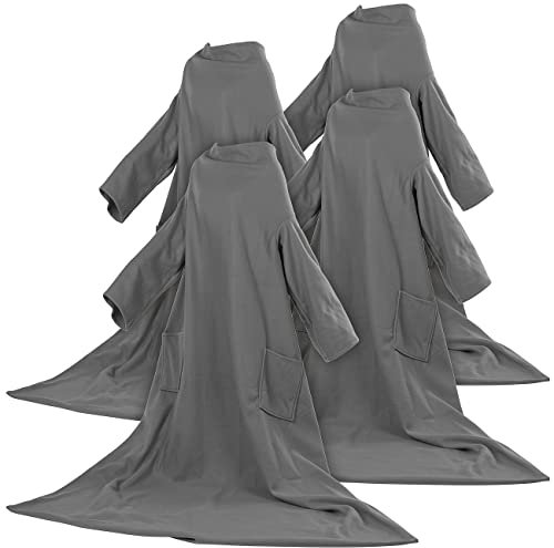 Wilson Gabor Wärme-Decke: 4er-Set Fleece-Kuscheldecken, Ärmel, Mikrofaser, anthrazit, 150x200 cm (Fleece Kuscheldecke mit Ärmeln, TV-Decke, Hausanzug)