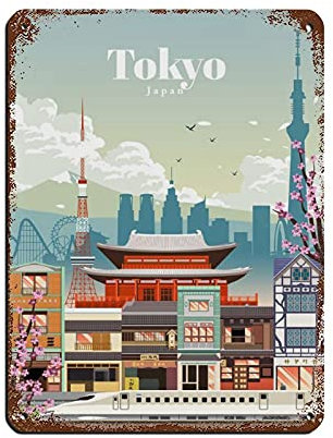 Oudrspo Cartel de viaje Tokio Japón Cartel de chapa vintage 12X16 pulgadas Hogar Oficina Cocina Pub Club Café Bar Granja Restaurante Colección Metal Arte de la pared Placa retro
