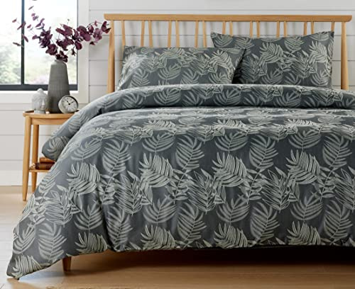 Olivia Rocco Leaf Jacquard Duvet Cover Set Cotton Blend Eco Friendly Easy Care Stylish Comforter Breathable Quilt Covers Reversible Bedding Bed Sets with Pillowcase, Charcoal Single