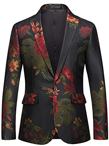 LAKKOA Sakko Herren, Herren Prom Anzugjacken Trendige Blume Blazer Anzugjacke Schwarz Lässige Slim Fit One Button Anzüge Mantel Floral Freizeitjacke Party Dinner Jacket S-4Xl, 4XL