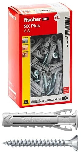 Fischer 100 Tasselli SX Plus con Vite 6x30 mm per Muro Pieno, Mattone Forato, Muratura, Calcestruzzo, per il Fissaggio di Lampadari, Mobili, Pensili, Mensole, 567621