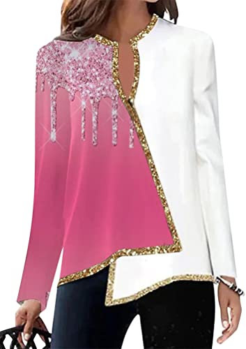 Onsoyours Donna Maglietta Elegante Paillettes Oversize Camicia Manica Lunga Scollo V Casual Blusa Tops Basic Camicetta T-Shirt Orlo Asimmetrico D Fucsia S
