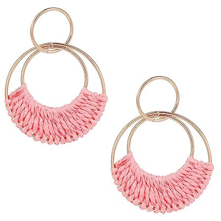 SIXDUTON Creolen Ohrringe für Damen, Hand Gefertigte Stroh Wicker Rattan Vintage Bohemian Schmuck Geschenk für Frauen und Mädchen (Rosa)