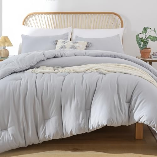 ROSGONIA Graues Bettdecken-Set für Queen-Size-Betten, 3-teilig (1 x hellgraue Boho-Bettdecke und 2 Kissenbezüge), für alle Jahreszeiten, weiche Bettwäsche, leichte Tagesdecke, Decke, Steppdecke