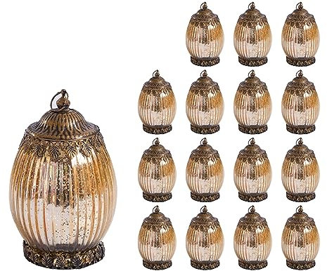 Jinfa 16er-Set Laternen Stimmunglichter mit batteriebetrieber LED-Lichterkette orientalische Zierde Tischdeko Geschenk | Oval | Königliches Gold | Ø 10,5 cm × H 18 cm