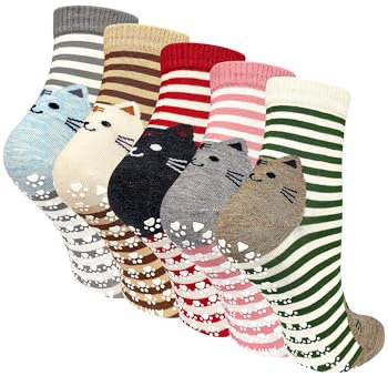 ZAKASA Stoppersocken Damen Rutschfest: Lustige Katzen ABS Socken, Witzige Antirutschsocken für Frauen, Bunte Tiere Motiv Mit Noppen, EU 35-41 Streifenkatze, 5 Paare