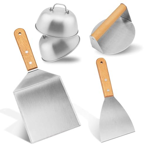 5-Stück Burger-Set, Grillspachtel Edelstahl, Burger Smasher, Grillwender mit Burger Cover, Pfannenwender Spachtel Mit Holzgriffen für Burgerpresse, Teppanyaki, Barbecue, Steak, Pizza