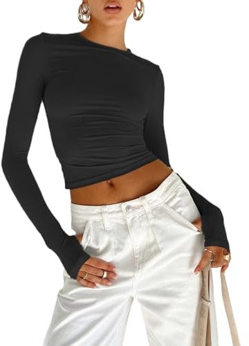 Flintronic Women's Long Sleeve Scoop Neck Basic T-Shirt - Slim Fitted Crop Top Blouse, Aesthetic Streetwear - Black/M
