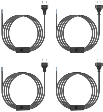 Netzkabel Mit Schalter, 3 Meter 2 Polig Euro Stecker, Stromkabel Typ C Mit Lampenkabel für Leuchten und Leuchtmittel, 4 Stück, Schwarz