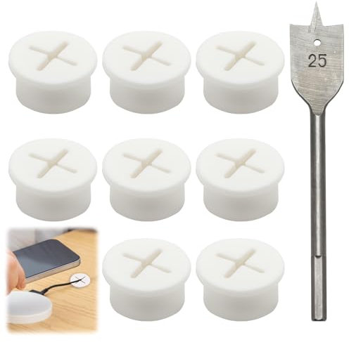 8 Pièces Passe-Câbles Flexibles, 25mm Passe Cable Bureau, Oeillet de Bureau Flexible pour Bureau, Table et Autres Meubles Avec un Dispositif de Forage de 25 mm (Blanc)