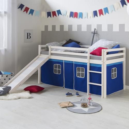 Homestyle4u 2564 Lit mezzanine, pour enfant, blanc, 90 x 200 cm, en bois de pin, avec toboggan, rideau, échelle, sommier à lattes