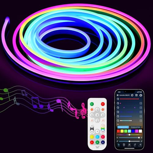 RGB+IC Neon Light Strip 3m, Neon Strip Lights with Remote, App Control, Multiple Color Changing Rope Lights, Music Sync,DC24V, Smart LED Strip for Bedroom, Outdoor Décor