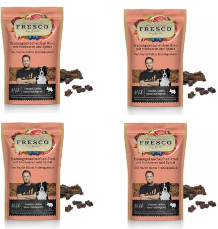 Fresco Martin Rütter Trainingsknöchelchen Rind mit Himbeeren und Spinat | 4er Pack | 4 x 150 g | Natürlicher Monoproteinsnack für Hunde | Getreidefreie Rezeptur